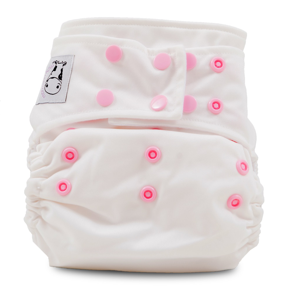 Cloth Diaper One Size Snap - White Pink Button