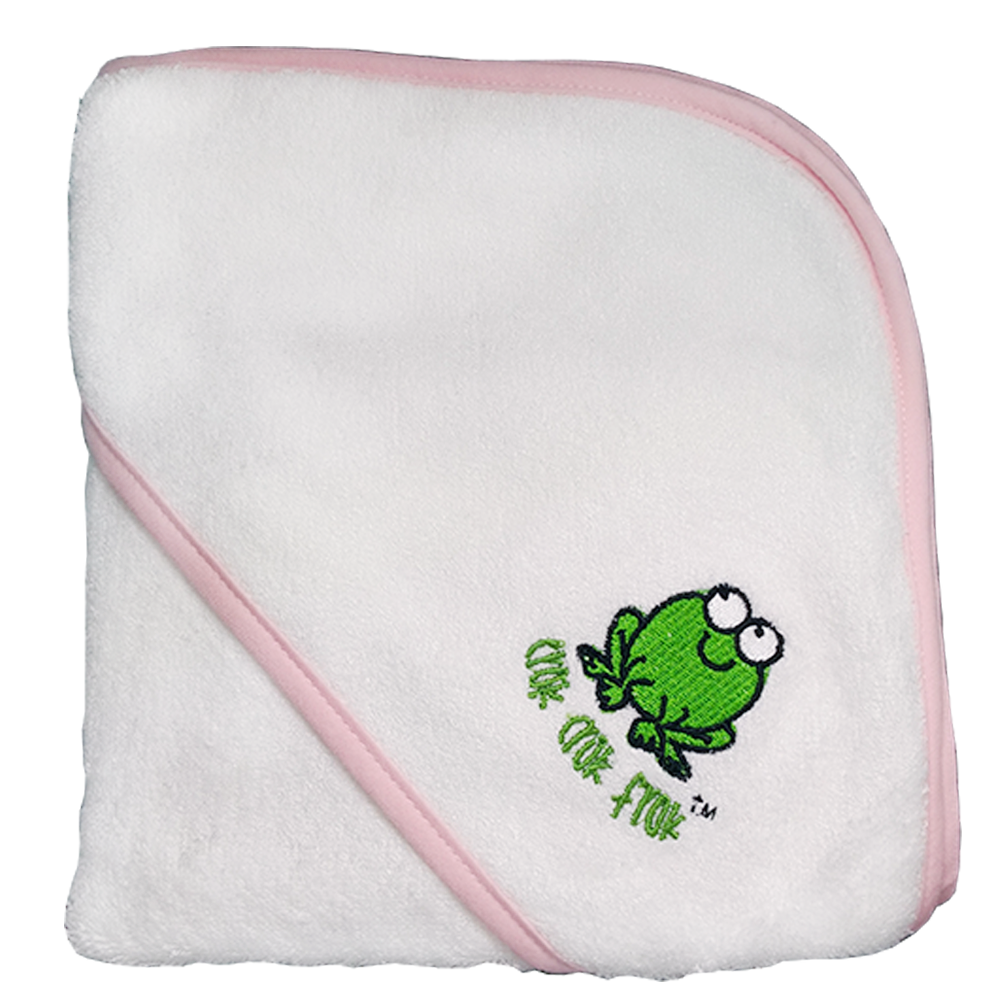 CrokCrokFrok Bamboo Hooded Towel for Baby & Toddler - White with Pink Border